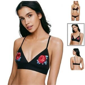NWOT PINK Victoria's Secret Black Triangle Bralette with Red Rose Embroidery